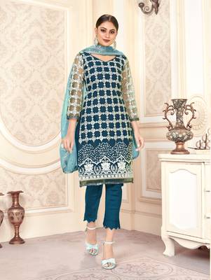 Teal-blue embroidered net salwar 3