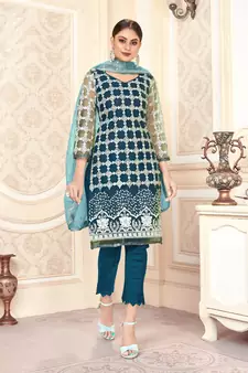 Teal-blue embroidered net salwar
