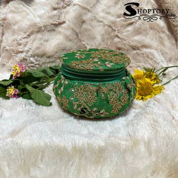 Shoptory India Embroidered Decorative Box for wedding Cum Bangle Box, Shagun Gift Packing Potli Green, Pack of 2 3
