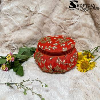 Shoptory India Embroidered Decorative Box for wedding Cum Bangle Box Shagun Gift Packing Box Potli Orange 2