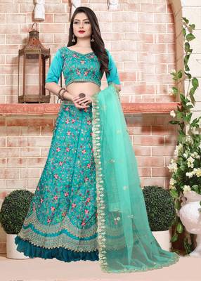 Aqua Blue Designer Partywear Embroidered Work Malay satin Lehenga Choli 1