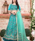Aqua Blue Designer Partywear Embroidered Work Malay satin Lehenga Choli