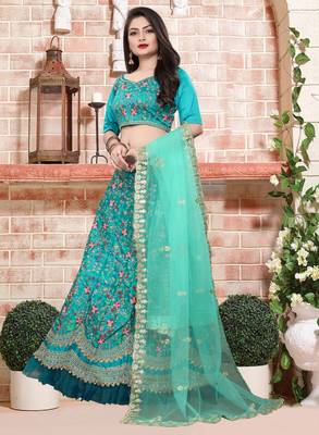 Aqua Blue Designer Partywear Embroidered Work Malay satin Lehenga Choli 2