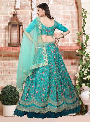 Aqua Blue Designer Partywear Embroidered Work Malay satin Lehenga Choli 3