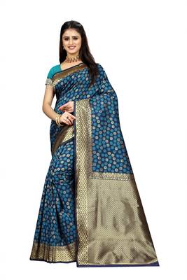 Navy blue woven art silk saree with blouse 1