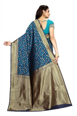 Navy blue woven art silk saree with blouse 3