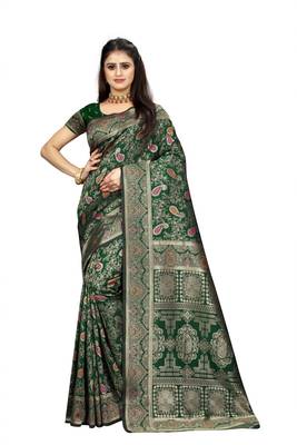 Green woven art silk saree with blouse 1