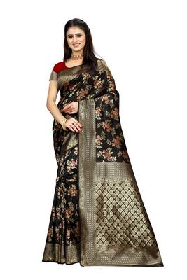 Black woven art silk saree with blouse 1