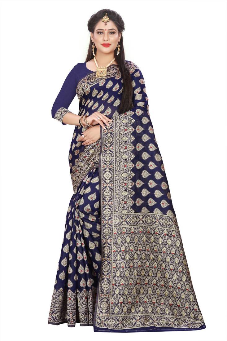 Navy blue woven art silk saree with blouse