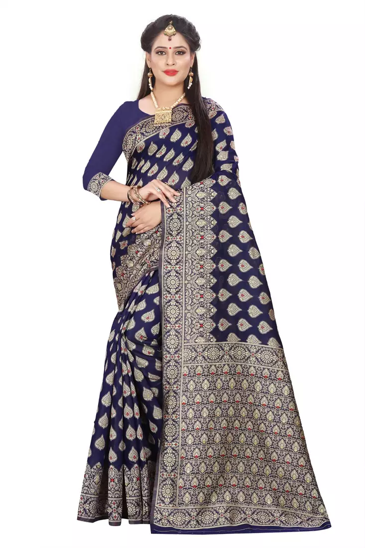 Navy blue woven art silk saree with blouse