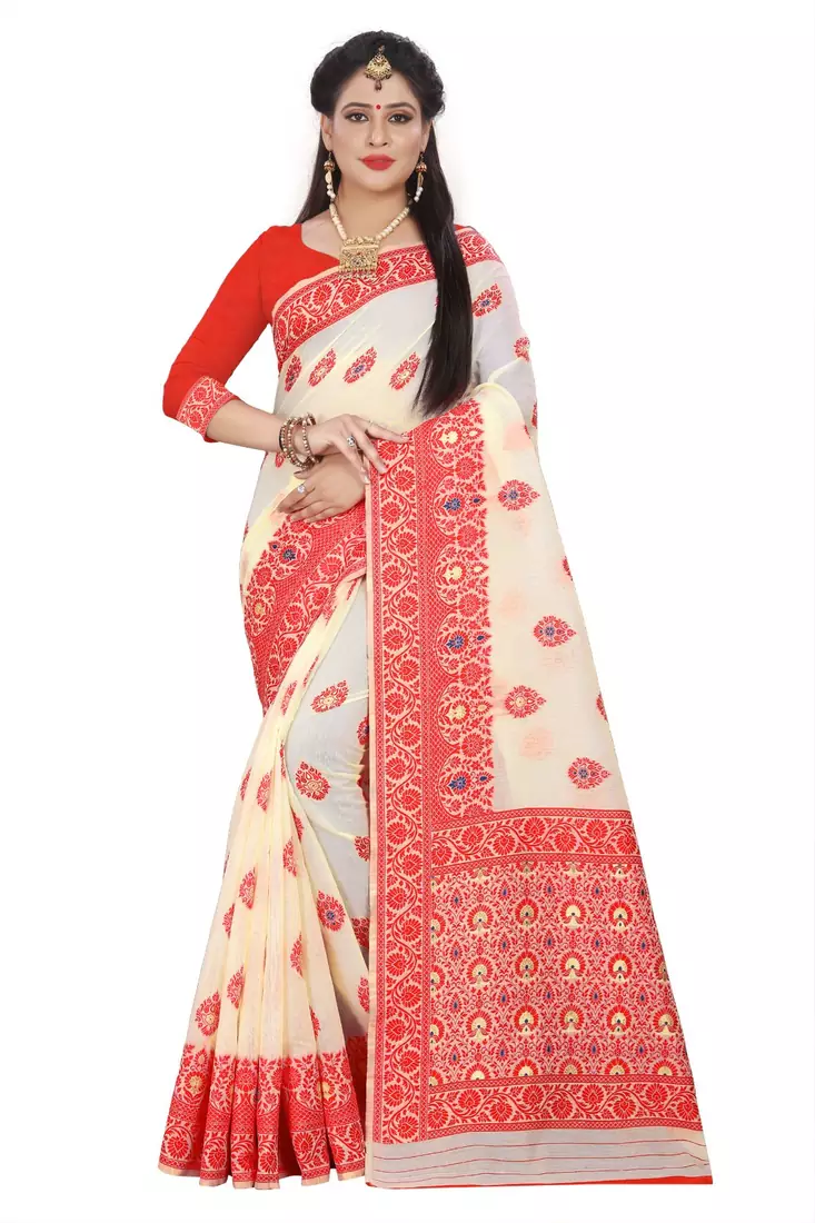 Red woven art silk saree with blouse