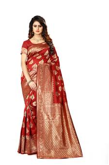 Red woven art silk saree with blouse