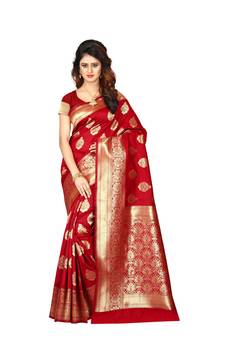 Red woven art silk saree with blouse