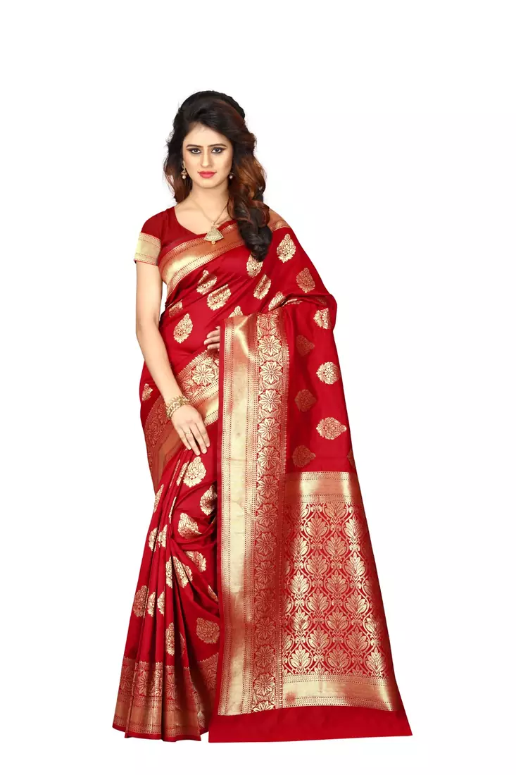 Red woven art silk saree with blouse