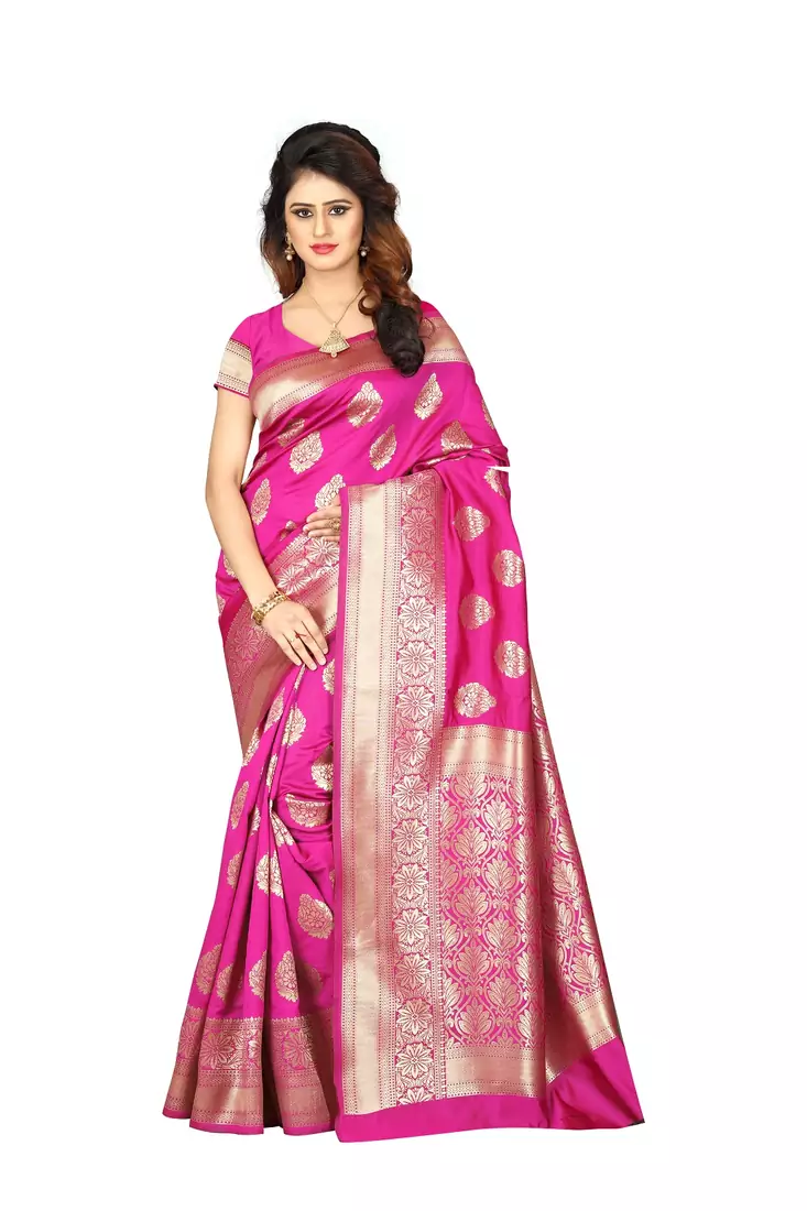Pink woven art silk saree with blouse