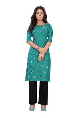 Teal printed rayon ethnic-kurtis 1