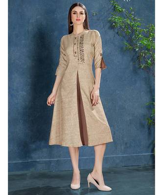 Beige colour Tusser Silk  Womens Kurta 1