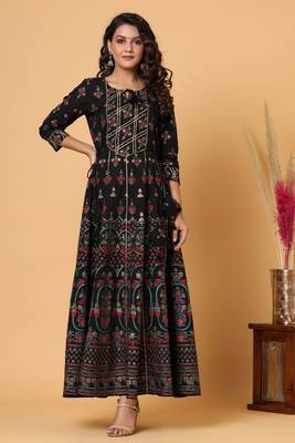 KAAJH Black Gold Print Cotton Anarkali Kurta 1