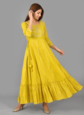 Yellow embroidered cotton ethnic-kurtis 3