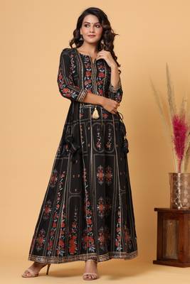 KAAJH Black Gold Print Cotton Anarkali Kurta 1