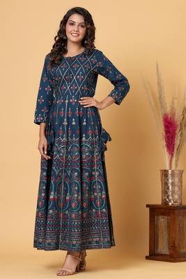 KAAJH Blue Gold Print Cotton Anarkali Kurta 1