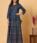 KAAJH Blue Gold Print Cotton Anarkali Kurta