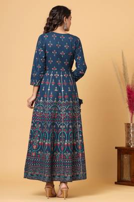 KAAJH Blue Gold Print Cotton Anarkali Kurta 2