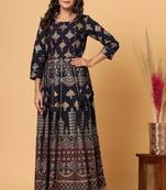KAAJH Blue Gold Print Cotton Anarkali Kurta