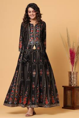 KAAJH Black Gold Print Cotton Anarkali Kurta 5