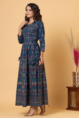 KAAJH Blue Gold Print Cotton Anarkali Kurta 3