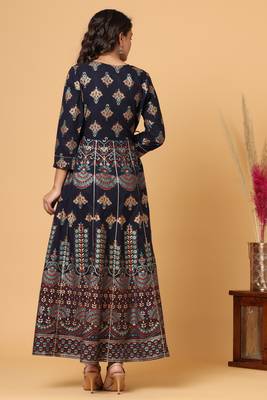 KAAJH Blue Gold Print Cotton Anarkali Kurta 2
