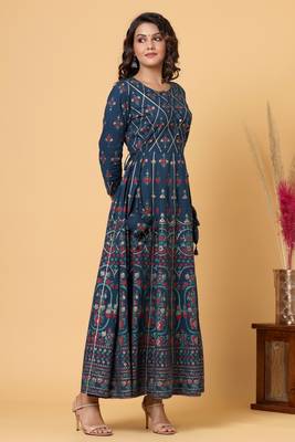 KAAJH Blue Gold Print Cotton Anarkali Kurta 4