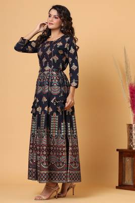 KAAJH Blue Gold Print Cotton Anarkali Kurta 3