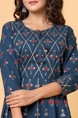 KAAJH Blue Gold Print Cotton Anarkali Kurta 5
