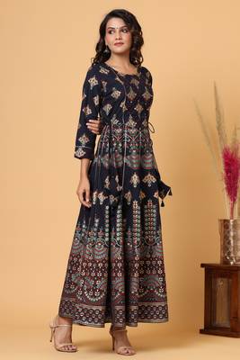 KAAJH Blue Gold Print Cotton Anarkali Kurta 4