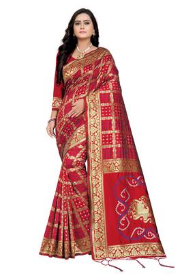 Red Bandhani Zari Work Banarasi Silk Saree With Blouse 1