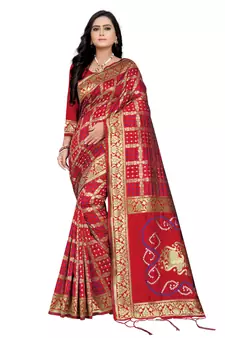 Red Bandhani Zari Work Banarasi Silk Saree With Blouse