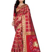 Red Bandhani Zari Work Banarasi Silk Saree With Blouse