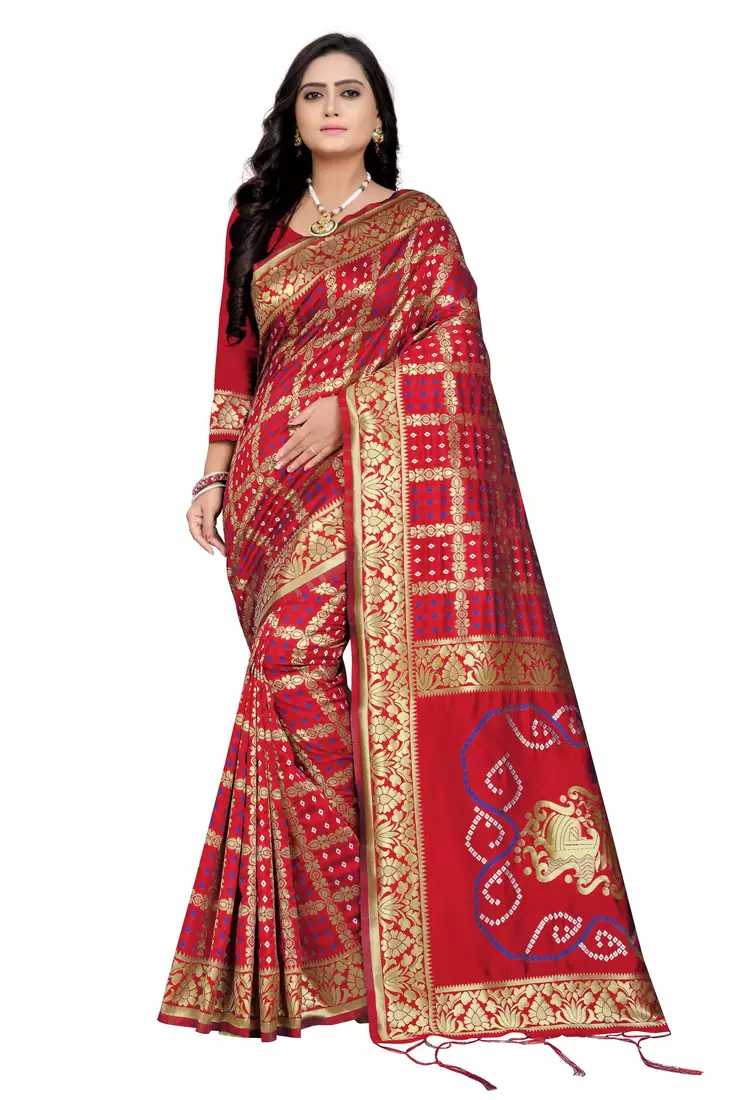Red Bandhani Zari Work Banarasi Silk Saree With Blouse