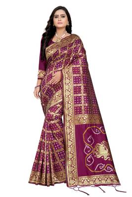 Wine Bandhani Zari Work Banarasi Silk Saree With Blouse 1