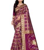 Wine Bandhani Zari Work Banarasi Silk Saree With Blouse