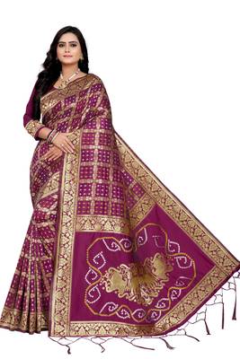 Wine Bandhani Zari Work Banarasi Silk Saree With Blouse 2
