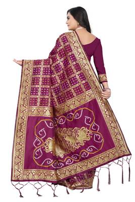 Wine Bandhani Zari Work Banarasi Silk Saree With Blouse 3