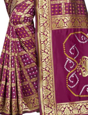 Wine Bandhani Zari Work Banarasi Silk Saree With Blouse 5