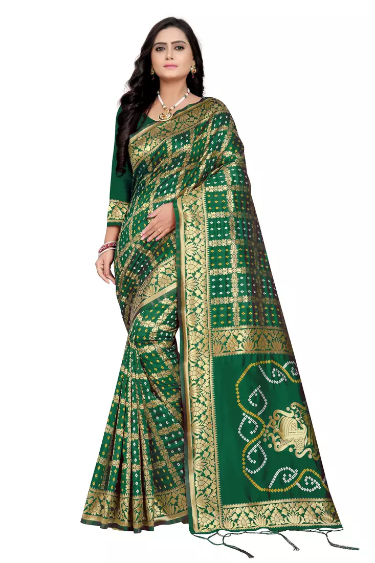 Green Bandhani Zari Work Banarasi Silk Saree With Blouse
