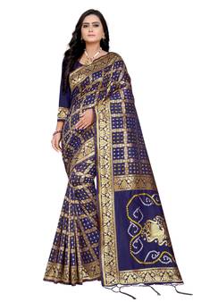 Navy Blue Bandhani Zari Work Banarasi Silk Saree With Blouse