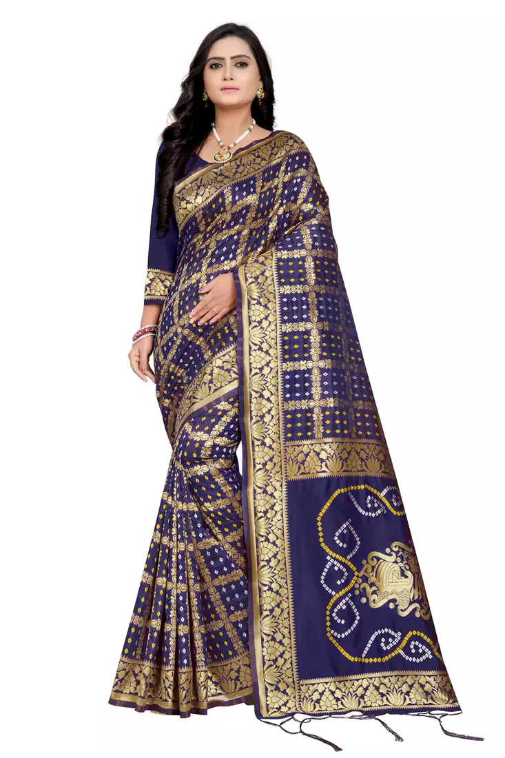Navy Blue Bandhani Zari Work Banarasi Silk Saree With Blouse