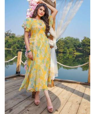 Yellow Chiffon Floral Print Long Kurti 1