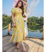 Yellow Chiffon Floral Print Long Kurti