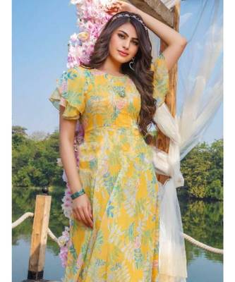 Yellow Chiffon Floral Print Long Kurti 2